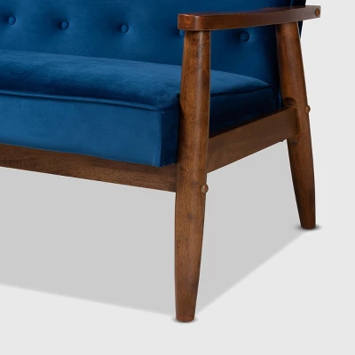 Sorrento Velvet Upholstered Wooden 3 Seater Sofa Navy Blue/Brown - Baxton Studio - Image 5