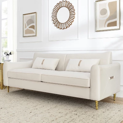 80.3" Modern Velvet Tufted Sofa With 2 Pillows And Gold Legs - ModernLuxe - Image 2