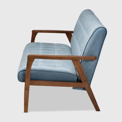 Asta Velvet Upholstered Wood Sofa Light Blue/Walnut - Baxton Studio - Image 2