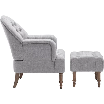 Mid Century Button-Tufted Upholstered Accent Chair Set With Linen Fabric And Ottoman-ModernLuxe - Image 8