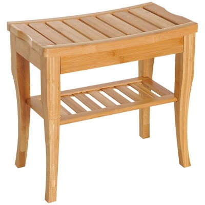 HOMCOM Long Bamboo Shower Bench Seat, 20" Wooden Spa Shower Stool With Underneath Storage Shelf Shoe Organizer - Image 3