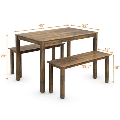 3pcs Dining Set Modern Studio Collection Table With 2 Benches Wood Legs Coffee - Image 3