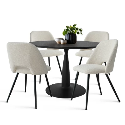 Haven+Edwin 5-Piece Black Round-Shaped Dining Table Set With 4 Upholstered Bouclé Fabric Dining Chair With Black Legs-The Pop Maison