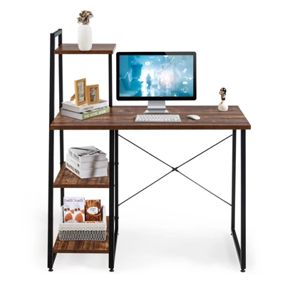 Tangkula Computer Desk Industrial Wood Study Desk W/Storage Shelf Writing Table Workstation Natural/Brown - Image 6