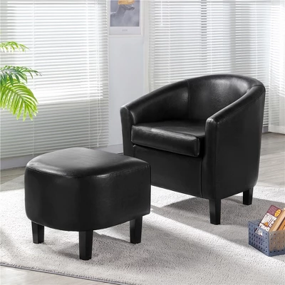 Yaheetech Faux Leather Accent Arm Chair Barrel Chair With Ottoman For Living Room Black - Image 2