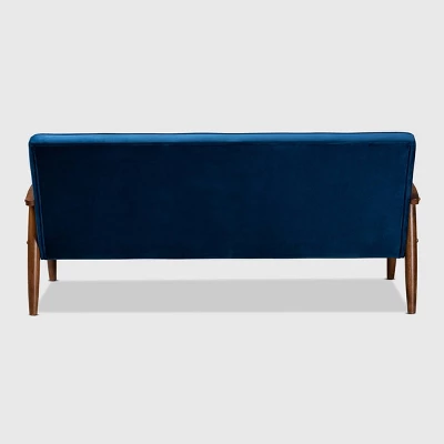 Sorrento Velvet Upholstered Wooden 3 Seater Sofa Navy Blue/Brown - Baxton Studio - Image 3