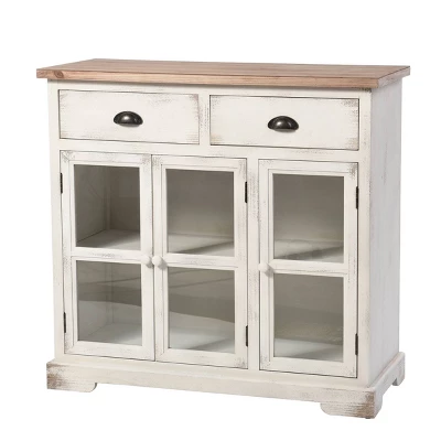3 Door/2 Drawer Shabby Chic Window Pane Cabinet Antique White/Natural - StyleCraft
