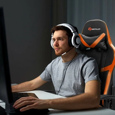 Costway Gaming Chair Reclining Racing Chair With Massage Lumbar Support &Footrest Orange - Image 3