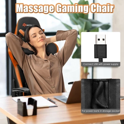Costway Gaming Chair Reclining Racing Chair With Massage Lumbar Support &Footrest Orange - Image 4