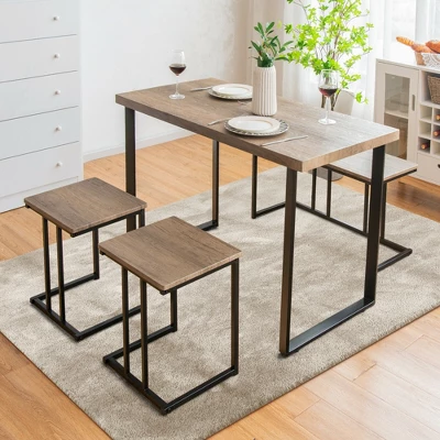 Costway 4-Piece Dining Table Set Industrial Dinette Set Kitchen Table W/Bench & 2 Stools - Image 2