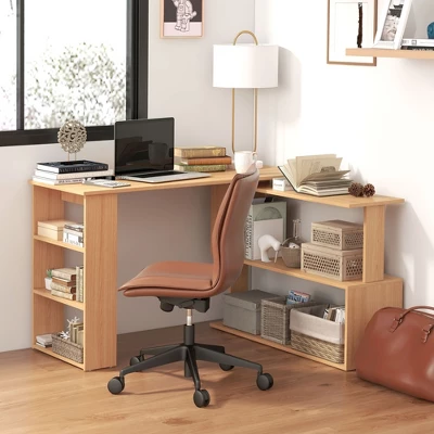HOMCOM 360° Rotating Home Office Desk L Shaped Corner Computer Desk With Storage Shelves, Writing Table Workstation - Image 2