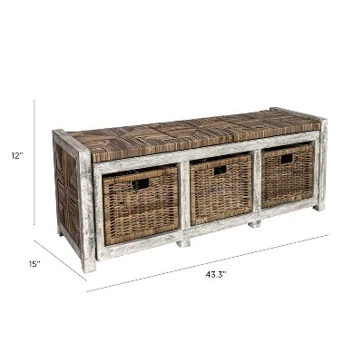 Happimess Rustic 43.3" 3 Drawer Wicker Storage Bench, Gray - Image 6