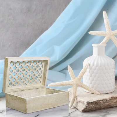 Mela Artisans Wood Keepsake Box With Hinged Lid In Trellis Design White Finish, 9 X 6 X 3.5 Inch, Large