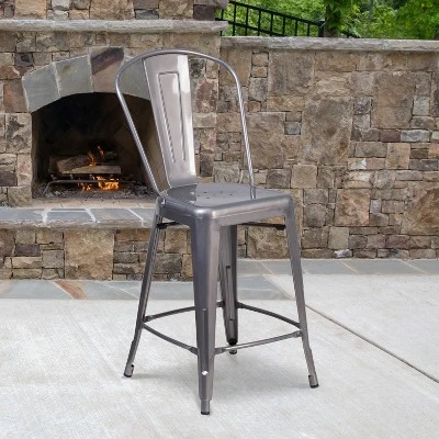 Emma And Oliver 24"H Clear Coated Indoor Counter Height Stool With Back