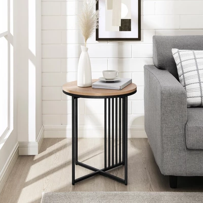 Modern Metal Bar Round Side Table Coastal Oak/Black Saracina Home - Image 3