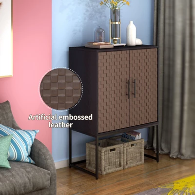 Arina 2 Door Leatherette With Bands Weaving Vision High Accent Cabinet With Adjustable Shelf - The Pop Home - Image 9