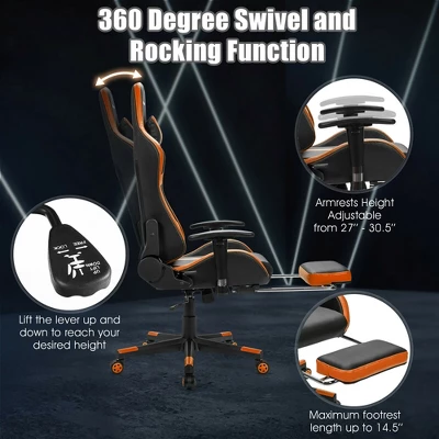 Costway Gaming Chair Reclining Racing Chair With Massage Lumbar Support &Footrest Orange - Image 6
