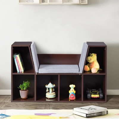 Costway 6 Cubby Kid Storage Cabinet Cushioned Bookcase Multi-Purpose Reading Shelf Brown - Image 4