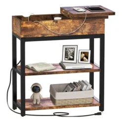 FABATO End Table And Nightstand With USB Charging Station And Power Supply Cord, For Living Rooms And Bedrooms, Features Flip Top Shelf, Rustic Brown