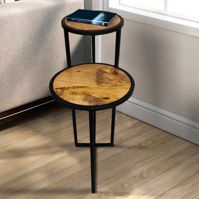 Two Tier Round Wooden Side Table With Metal Frame Brown/Brass - The Urban Port - Image 5