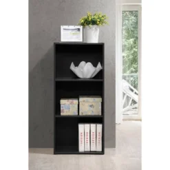 Hodedah HID23 High Quality 3 Shelf Home, Office, And School Organization Storage 35.70 Inch Tall Slim Bookcase Cabinets To Display Decor, Black