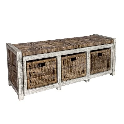 Happimess Rustic 43.3" 3 Drawer Wicker Storage Bench, Gray - Image 2