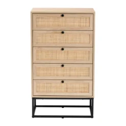 Amelia Wood Rattan 5 Drawer Storage Cabinet Natural Brown/Black - Baxton Studio