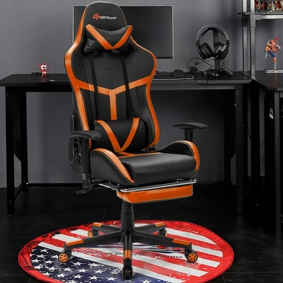 Costway Gaming Chair Reclining Racing Chair With Massage Lumbar Support &Footrest Orange - Image 2