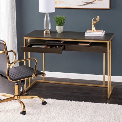 Quinal Writing Desk With Storage Brown/Gold - Aiden Lane - Image 2
