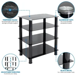 Mount-It! Tempered Glass AV Component Media Stand, Audio Tower And Media Center With 4 Shelves, 88 Lbs. Capacity, Black