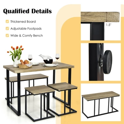 Costway 4-Piece Dining Table Set Industrial Dinette Set Kitchen Table W/Bench & 2 Stools - Image 9