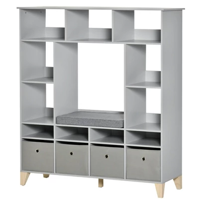 HOMCOM 47" Kids Reading Nook Organizer, Freestanding 15-Cubby Bookcase Storage Cabinet With Cushioned Seat For Toys, Books, Clothes - Image 3