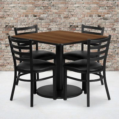 Flash Furniture 36'' Square Walnut Laminate Table Set With Round Base And 4 Ladder Back Metal Chairs - Black Vinyl Seat