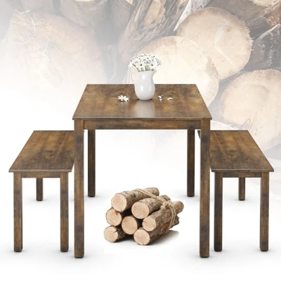 3pcs Dining Set Modern Studio Collection Table With 2 Benches Wood Legs Coffee - Image 7