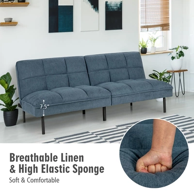 Costway Modern Convertible Futon Sofa Bed Linen Fabric Folding Couch Recliner GreyAquamarineBlue - Image 7