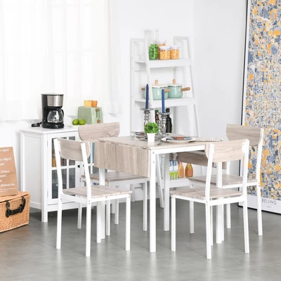 HOMCOM Modern 5-Piece Dining Table Set For 4 With Foldable Drop Leaf, 4 Chairs, And Metal Frame For Small Spaces, White