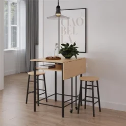 RealRooms Jace Kitchen 3 Piece Pub Set With Drop Leaf And 2 Counter Height Stools