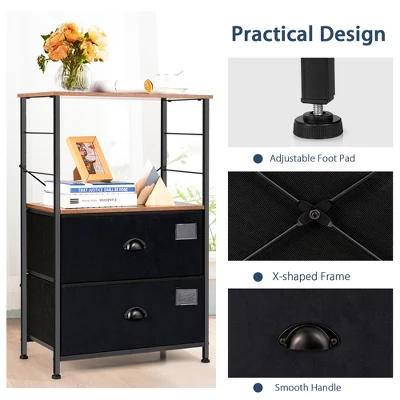 Costway 2 Drawer Dresser W/Shelf Storage Tower Nightstand End Table Chest Black - Image 5
