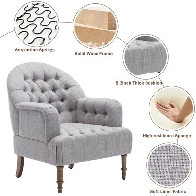 Mid Century Button-Tufted Upholstered Accent Chair Set With Linen Fabric And Ottoman-ModernLuxe - Image 5
