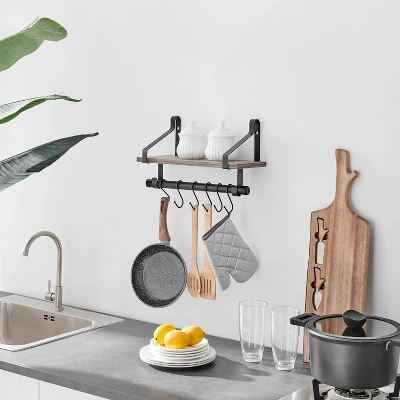 6 Hook Amelia Wall Shelf With Hanging Rod Black/Rustic - Danya B. - Image 2