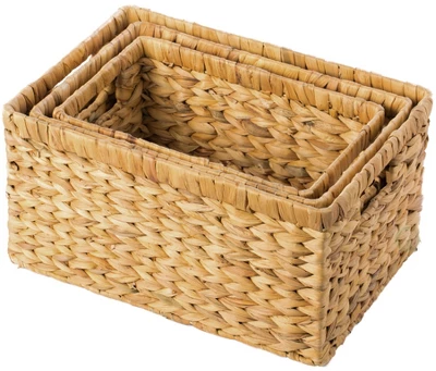 Vintiquewise Natural Woven Water Hyacinth Wicker Rectangular Storage Bin Basket With Handles, Set Of 3 - Image 2