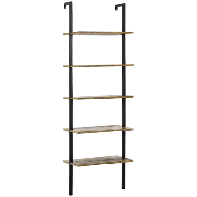 HOMCOM Industrial 5 Tier Ladder Shelf, Wall Mount Storage Shelves Bookcase With Metal Frame, Corner Unit, Plant Flower Rack For Living Room, Balcony, Brown - Image 3