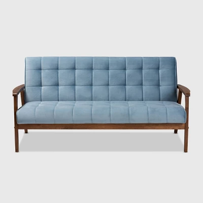 Asta Velvet Upholstered Wood Sofa Light Blue/Walnut - Baxton Studio