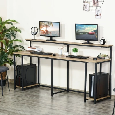 HOMCOM Two Person Home Office Desk With Elevated Monitor Shelf, Bottom CPU Tower Shelf And Large Desktop, Black/Brown - Image 2