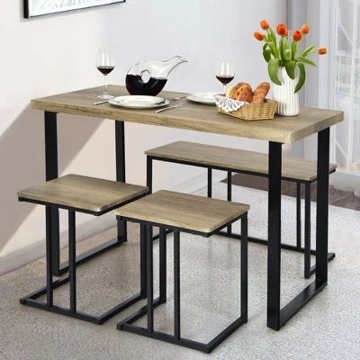 Costway 4-Piece Dining Table Set Industrial Dinette Set Kitchen Table W/Bench & 2 Stools - Image 4
