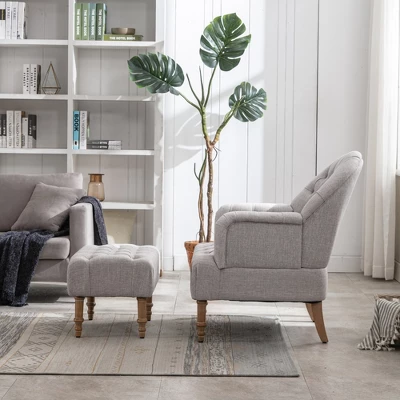 Mid Century Button-Tufted Upholstered Accent Chair Set With Linen Fabric And Ottoman-ModernLuxe - Image 2