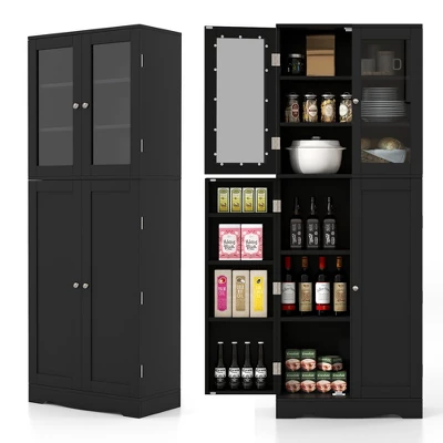 Costway Tall Storage Cabinet Kitchen Pantry Cupboard With Tempered Glass Doors & Shelves Black/White - Image 10
