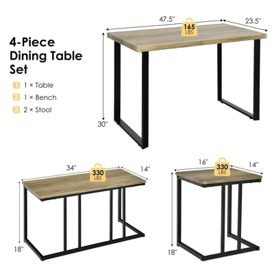 Costway 4-Piece Dining Table Set Industrial Dinette Set Kitchen Table W/Bench & 2 Stools