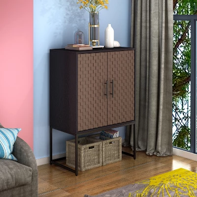 Arina 2 Door Leatherette With Bands Weaving Vision High Accent Cabinet With Adjustable Shelf - The Pop Home