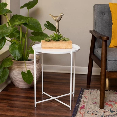 BirdRock Home Ivory Metal Folding Side Table With Removable Tray
